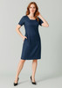 A navy short sleeve dress with a square neckline and pockets, featuring a fitted silhouette. It has a logo.