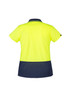 A women's high visibility short sleeve polo in bright yellow and navy blue, featuring a logo on the sleeve.