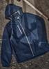 A navy unisex super light packable rain jacket with a hood, featuring a zip front and a logo.