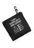 A packable rain jacket in black, folded into a compact pouch with a clip, featuring a logo.