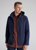 A navy rain jacket featuring a hood, zip-up front, and a zippered pocket on the sleeve. It has a logo.