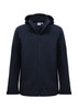 A navy blue men's rain jacket with a hood, featuring a zipper and side pockets, includes branding.