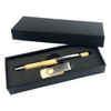 A bamboo and chrome pen set with a metal keyring, presented in a sleek black gift box.