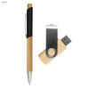 A bamboo pen with a black grip and a wooden USB flash drive. The set has a sleek, natural design.