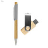 A sleek grey pen with a bamboo accent and a silver USB flash drive with a bamboo casing, both featuring branding.