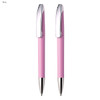 A pink writing set featuring two plastic pens with silver accents and a smooth design.