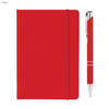 A red A5 notebook with an elastic band closure and a matching pen, featuring a silver trim.