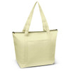A large, pale yellow cooler bag with two long handles and a zippered top, featuring a front pocket and a logo.