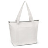 A large white cooler bag with a zip closure and two long handles. It features a front pocket and a logo.