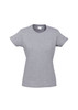 A grey women's short sleeve t-shirt with a round neckline, featuring a logo on the label.