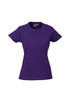 A purple women's short sleeve tee with a fitted style and a logo on the label.