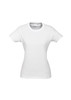 A white short sleeve women's t-shirt with a fitted design and a logo on the neckline.