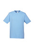 A light blue short sleeve tee shirt with a round neckline and a logo. Ideal for casual wear.