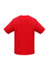 A red short sleeve tee featuring a plain design and a logo on the back.