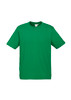 A green short sleeve tee for kids, featuring a simple design and a logo on the label.