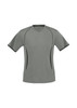 A short sleeve tee in grey with contrasting black accents and a logo on the chest.