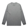 A grey long-sleeve T-shirt laid flat, featuring a simple design and a label inside the collar.