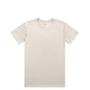 A beige basic t-shirt with short sleeves and a crew neck, featuring a logo on the inside tag.