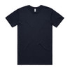 A navy basic t-shirt featuring a crew neck design and a tag in the neckline. The shirt has a plain appearance.