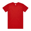 A red basic t-shirt with short sleeves and a crew neck. It features a logo on the label.