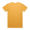 A plain yellow t-shirt with a round neck and short sleeves, featuring a logo on the back.