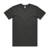 A plain black T-shirt with short sleeves and a round neckline, featuring a logo.