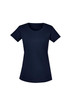 A navy blue women's t-shirt with a round neckline and short sleeves, featuring a logo.