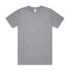A grey t-shirt with short sleeves and a round neck, featuring a logo on the label.
