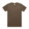 A brown block tubular tee with a classic crew neck design and short sleeves. Features a branding label.
