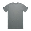 A plain grey t-shirt featuring a crew neck and short sleeves, with a branding logo on the label.