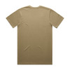 A plain beige T-shirt with a crew neckline and short sleeves, featuring a logo on the back.