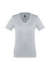 A grey women's short sleeve tee with a V-neck design. It features branding on the inside label.