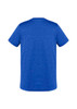 A blue short sleeve T-shirt featuring a plain back design and a logo on the neckline.
