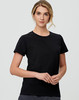 A black premium cotton tee for ladies, featuring a classic crew neck and short sleeves. Includes a logo.