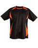 Adults' soccer jersey in black with vibrant orange accents and short sleeves, featuring a logo on the front.