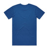A blue T-shirt with short sleeves and a plain back, featuring a branding logo.