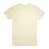 A plain cream T-shirt with short sleeves and a round neckline, featuring a logo on the back.