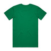 A green T-shirt with a round neckline and short sleeves, featuring a plain back and a logo.