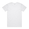 A plain white T-shirt with a round neckline and short sleeves, featuring a logo on the back.