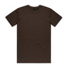 A brown T-shirt with a crew neck and short sleeves. The shirt features a logo at the neck.