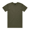 An olive green T-shirt with a classic crew neckline and short sleeves. The shirt features a logo.
