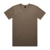 A plain brown T-shirt with a round neck and short sleeves, featuring a brand logo on the label.