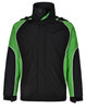 A unisex jacket in black with green accents and a hood. It features a logo on the front.