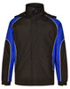 A unisex jacket featuring a black and blue design with white piping and a high collar. It has a logo on it.