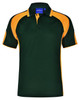 A green and orange men's polo shirt featuring a collar and a logo.