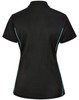 A black ladies' polo shirt with contrast teal piping and a logo on the back.