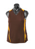 A brown singlet with orange accents, featuring a v-neck design and a logo on the side. Suitable for sports or casual wear.