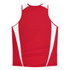 A red singlet with white accents on the sides and a logo. Suitable for active wear.