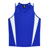 A blue singlet featuring white panels, designed for active wear, with a logo on the neckline.