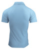 A light blue polo shirt featuring a collar and a branded logo on the back.